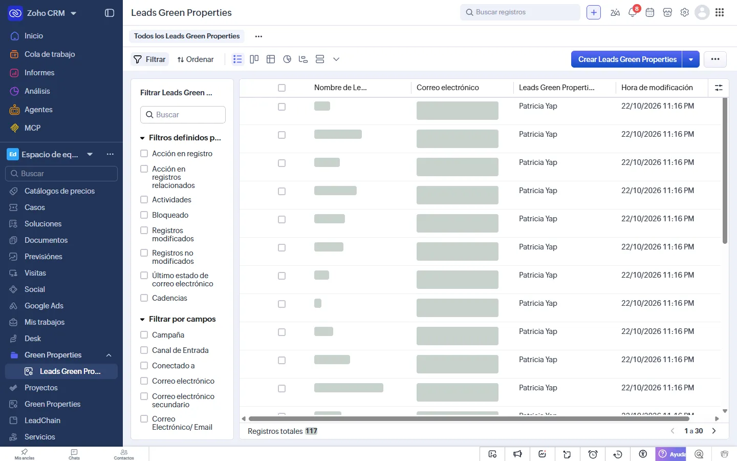Zoho CRM: lista de Leads Green Properties; datos personales tapados